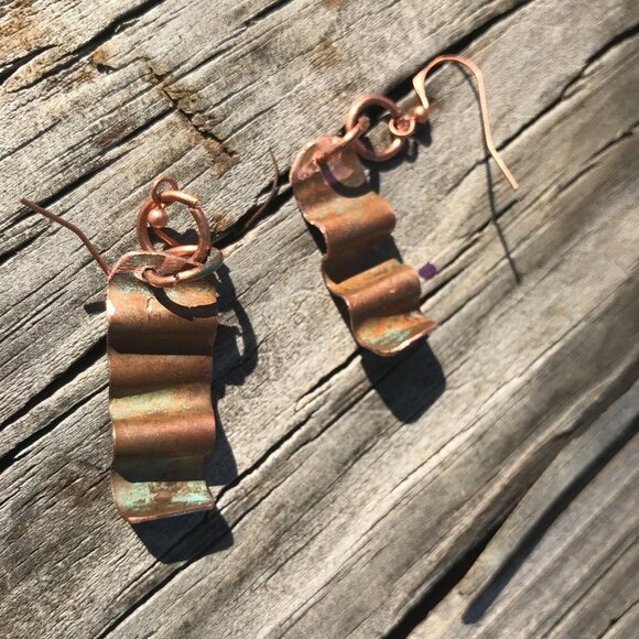 Solid Copper Patina Green Verdigris Earrings Drop Dangle Form Folded Brutalist - Picture 11 of 11